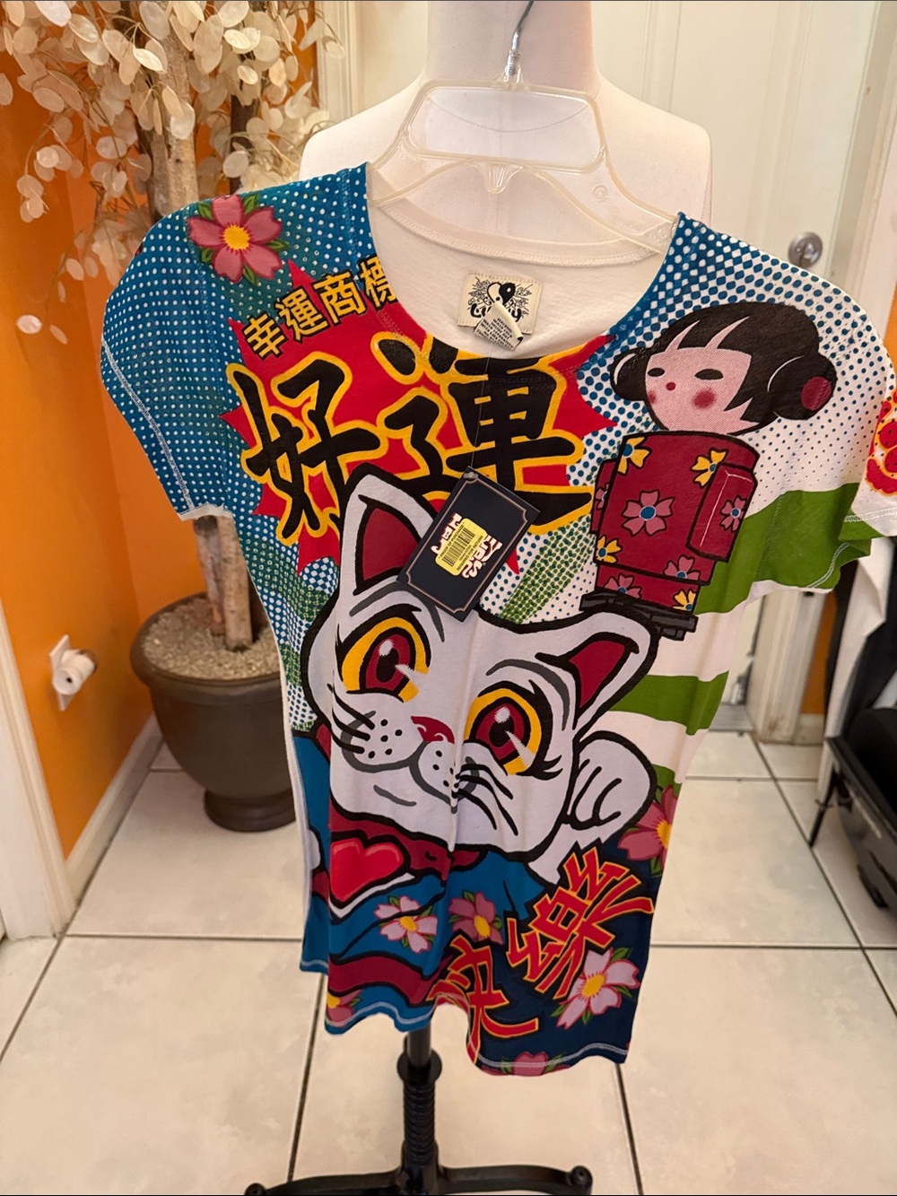 Lucky Brand Multicolor Lucky Cat Graphic Tee - White, Blue, Red, Green, Pink